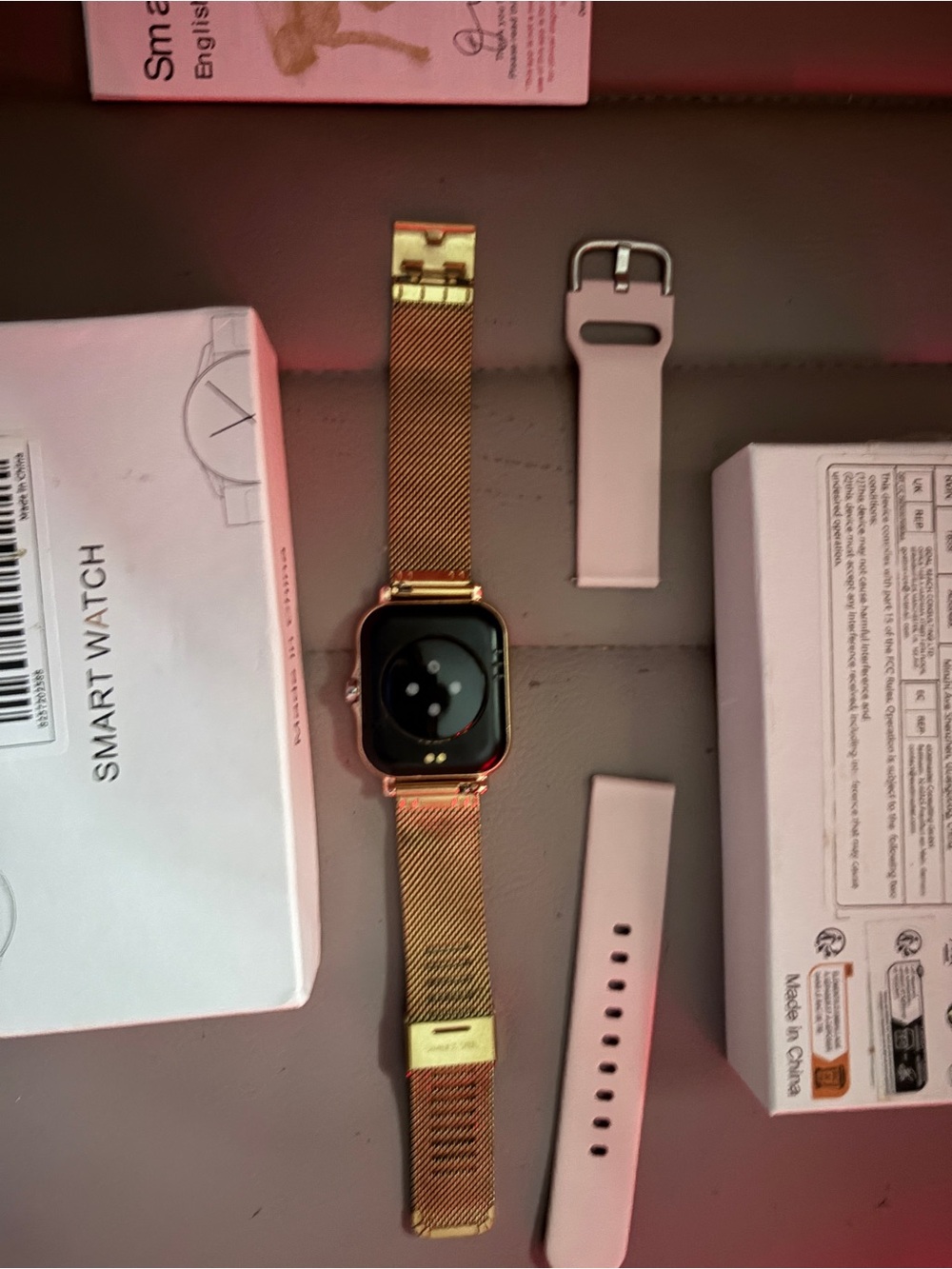 Gold Smart Watch with Interchangeable Pink Bands
